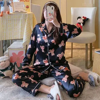 Zīda Satīna Pidžamu Sieviešu Pidžamas Komplekts ar garām Piedurknēm Sleepwear Sieviešu Pidžamas Komplekts Uzvalks Sieviete Divas Gabals, kas Loungewear Plus Lieluma