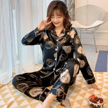 Zīda Satīna Pidžamu Sieviešu Pidžamas Komplekts ar garām Piedurknēm Sleepwear Sieviešu Pidžamas Komplekts Uzvalks Sieviete Divas Gabals, kas Loungewear Plus Lieluma