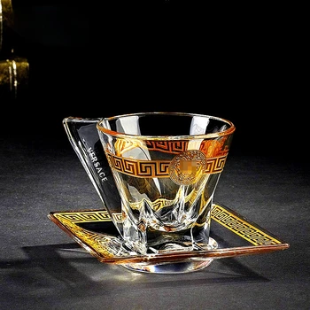 Čehijas komplekts zelta kristāla kafijas tasi šķīvītis uzstādiet rokturi kausa teacup