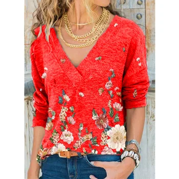 Čūska YX Sieviešu Apģērbu Rudens un Ziemas Jauno Modes Sieviešu V-veida kakla Ziedu Drukāt garām piedurknēm Gadījuma Brīvs T-krekls Plus Lieluma