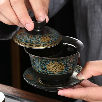 Ķīnas Teaset Klasiskā Gaiwan Tējas Tases Melnās Māla Tureen 180ml Vāku Podam Šķīvītis Tradicionālo Roku darbs Tējas Brūvēt Tasi Tējas