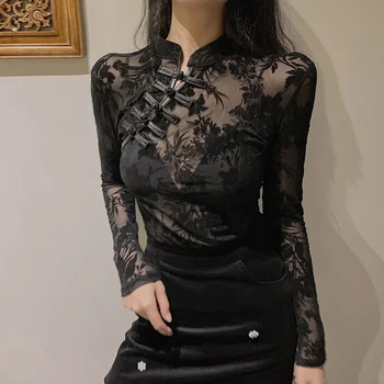 Ķīniešu Stilā Tradicionālo Apģērbu Kleita Qipao Modes Melnas Mežģīnes Skatīt caur Top Cheongsam Gothic Slim, Sexy Sievietes Blūze Hanfu