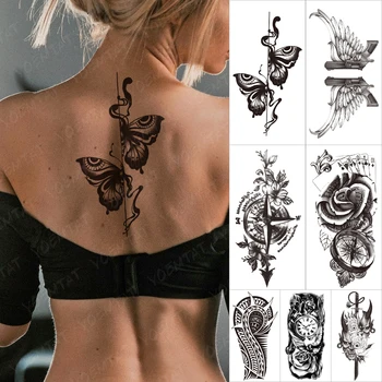 Ūdensnecaurlaidīgus Pagaidu Tetovējumu Uzlīmes Vecās Skolas Kožu Tauriņš Tatto Kompass Ziedi Ārējie Pulkstenis Body Art Roku Viltus Piedurknēm Tetovējums